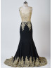 Mermaid Sheer Neckline Gold Lace Black Chiffon Beading Long Prom Dress